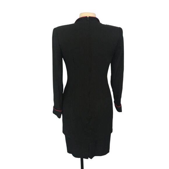 JSJ Petites Vintage 80s Black White Rayon Mod Peplum Dress 4, 34 bust Red Piping - Picture 6 of 9